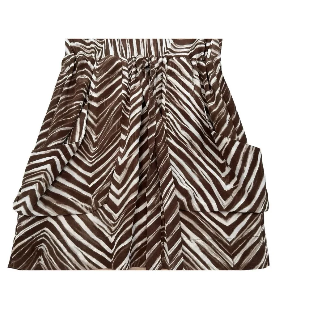 BCBGMAXAZRIA Silk Zebra Mini Dress XS Brown Ivory Belted Ruched Sleeve Pockets